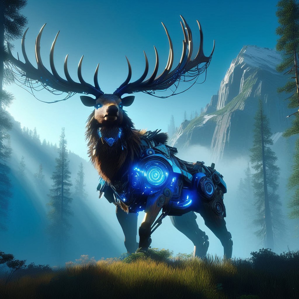 (Ultra Realistic:1.0),32k,(Masterpiece:1.0),(High Detailed Skin:1.0),( High Quality:1.0), (Detailed Realistic Background:1.3), (Official Art, Beautiful and Aesthetic:1.2), (Realistic Lighting:1.0), glowing, day, science fiction, nature, grass, deer, scenery, mountain, non-humanoid robot, forest, "An imposing, machine-like elk standing majestically on mountain edge looking at sky, its intricate mechanical parts inspired by the Horizon Zero Dawn style. The elk’s body is a blend of organic and metallic elements, with glowing blue lights coursing through its frame, reflecting the technological sophistication of a bygone era. Its angle are vast and sharp, made of gleaming steel, resembling a regal crown.
The scene is set in a deep of field, epic cinematic lighting, view from below dramatic sky with beams of cinematic light piercing through the canopy, casting dramatic shadows across the elk’s form. The atmosphere is epic and tense, as the elk stands still, as if inspecting its surroundings with quiet intelligence. The mood is both mysterious and foreboding, emphasizing the contrast between nature and technology, framed in high resolution and intense detail, evoking the visual grandeur and storytelling depth of Horizon Zero Dawn."