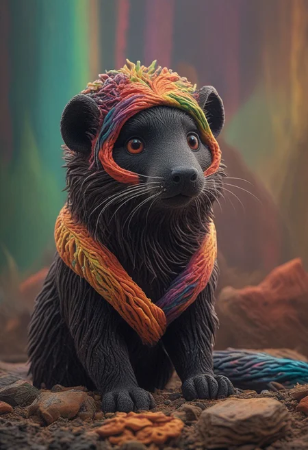 a cute chibby skunk with big rainbow eyes made out of clay, it wears a cool rainbow bandana, very detailed, 4k, sharp, eating rainbow worms, novuschroma51 style