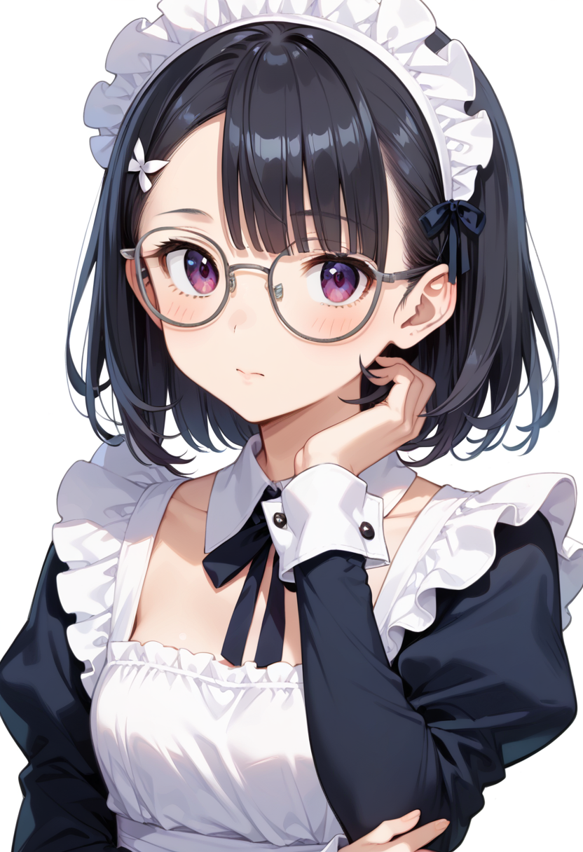 score_9, score_8_up, score_7_up, rating_safe, masterpiece, best quality, absurdres, unity 8k wallpaper, official art, official style, source_anime, uncensored, game cg, megami magazine,
1girl, solo, black hair, medium hair, upper body, covered eyes,maid, maid headdress, black dress, maid apron,
g-boston19A, glasses, simple background, white background, grey-framed eyewear,
<lora:glasses_boston19A_PONY_V1:1>
