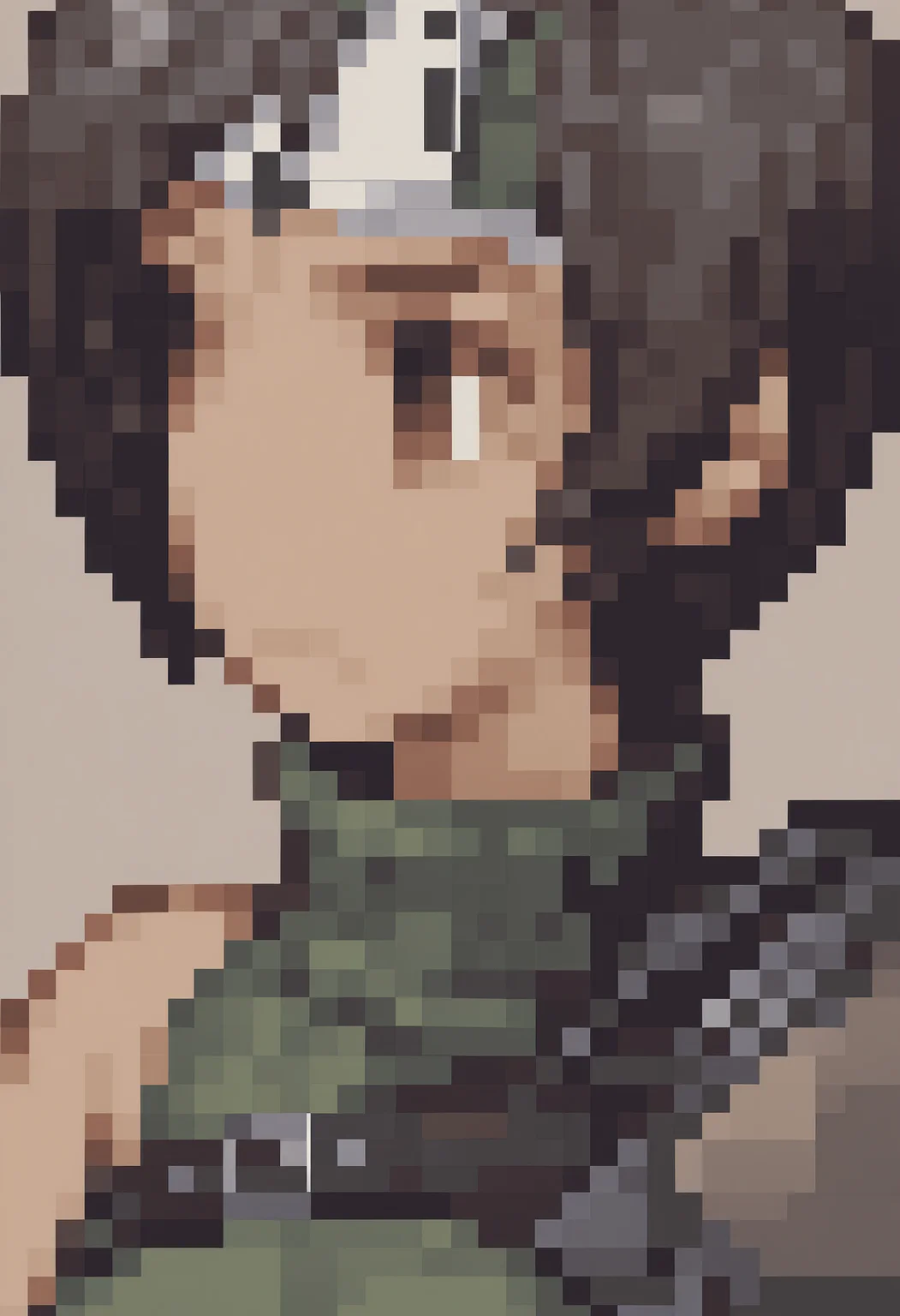 masterpiece, best quality, solo, 1girl, looking at viewer, <lora:FFT-Portraits-illus_Fp:1>, pixel art, portrait, simple background, <lora:Yuffie-illus_Fp:1>, yuff7, short hair, black hair, brown eyes, forehead protector, green turtleneck, midriff, single pauldron, chest strap, single arm guard,