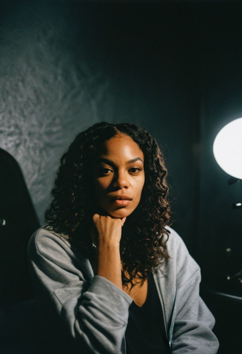 (gritty analog photo:1.2), candid (snapshot:1.2) of a sophisticated and cool 22-year-old biracial female hip-hop artist from Brooklyn sitting in a backstage room getting ready for her show, natural skin texture, realistic skin texture, (skin pores:0.8), (skin oils:0.8), (behind the scenes photography:1.2), documentary style photography, high contrast, deep shadows, hires, highly detailed, (film grain:1.2), the picture conveys effortless coolness, polaroid film photography