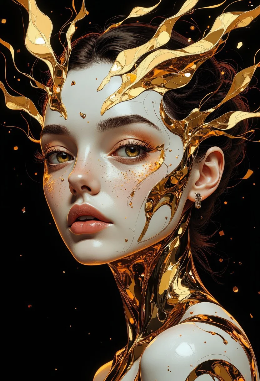 CynthiaPortrait, BNR, BNR style, Style of BNR red highlights and outlines art from the 'art of control' collection by jasper harvey, in the style of futuristic optics, silver and gold, detailed facial features, swirling vortexes, 8k 3d, whimsical cyborgs, made of crystals