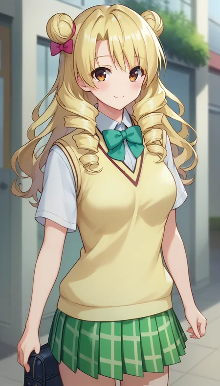 score_9,score_8_up,score_7_up,score_6_up BREAK official art,solo,outdoors,cowboy shot,looking at viewer,facing viewer,smile,blush,Tenjouin Saki,long hair,blonde hair,curly hair,double bun,twin drills,hair bow,hair ribbon,bangs,brown eyes,school uniform,sweater vest,yellow vest,white shirt,collared shirt,green bowtie,short sleeves,medium breasts,miniskirt,green skirt,plaid skirt,pleated skirt,black socks,loafers,<lora:Tenjoin Saki(tlr)-Pony:1.6>,