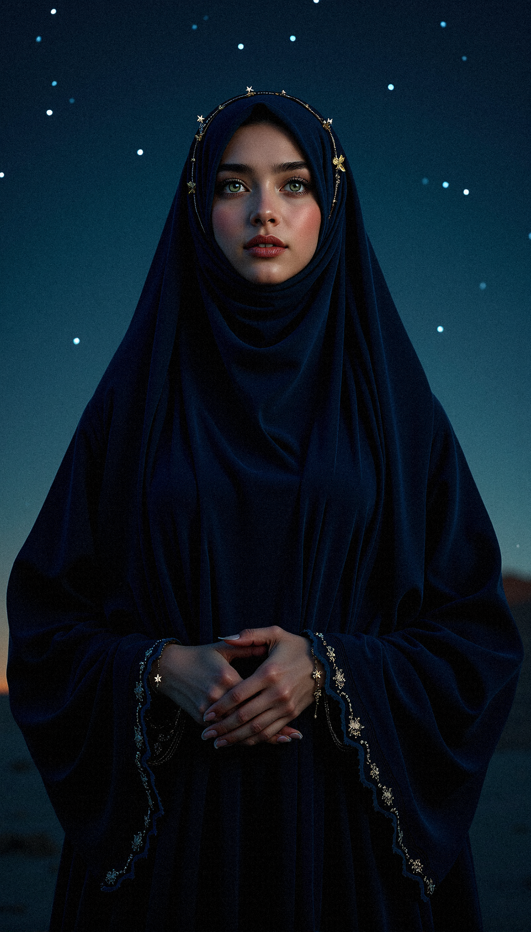 photorealistic image of a hijabi arab woman enveloped in a dark, flowing veil that is adorned with tiny, glowing stars. Her bright light green eyes, the only visible feature, are captivating, glowing softly under the moonlight. The background is a serene night sky filled with shimmering stars and subtle light rays, giving her an almost celestial aura.

a rich, flowing velvet fabric for her abaya that absorbs light, giving her outfit a soft, matte finish.celestial-themed jewelry accents, such as small moon and star charms on her veil and earrings, enhancing the mystical feel.a delicate lace trim with star motifs along the edges of her veil and abaya, highlighting her elegance and modesty.softly glowing hijab pins shaped like stars or moons, securing her veil in place with elegance. gold leaf detailing on her abaya’s borders, reflecting the light and adding a touch of elegance to her outfit.a midnight blue hijab with subtle, woven patterns that resemble constellations, contrasting gently with her dark abaya.Line the inside of her abaya sleeves with a soft, shimmering silk fabric that shows when she moves, adding a luxurious touch.

 gentle light rays filtering through the background, adding a sense of depth and illuminating her figure subtly.Highlight the intricate lace detail on her veil with soft lighting, emphasizing its texture and craftsmanship.a faint, silhouetted landscape in the background, such as a distant mountain or sand dune, lightly illuminated by the starlight.

Her facial aesthetics include a soft shadow under her eyes, giving them depth and enhancing her intense gaze.a soft, glossy finish to her lips, making them look hydrated and defined.slight, natural eye bags to add depth and a hint of realism to her serene appearance.a soft highlight under her eyebrows, accentuating their natural arch and shape.

Standing with her hands together in front, head tilted back slightly, looking up with a serene expression.


