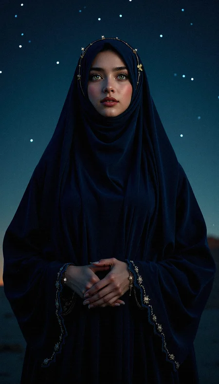 photorealistic image of a hijabi arab woman enveloped in a dark, flowing veil that is adorned with tiny, glowing stars. Her bright light green eyes, the only visible feature, are captivating, glowing softly under the moonlight. The background is a serene night sky filled with shimmering stars and subtle light rays, giving her an almost celestial aura.
a rich, flowing velvet fabric for her abaya that absorbs light, giving her outfit a soft, matte finish.celestial-themed jewelry accents, such as small moon and star charms on her veil and earrings, enhancing the mystical feel.a delicate lace trim with star motifs along the edges of her veil and abaya, highlighting her elegance and modesty.softly glowing hijab pins shaped like stars or moons, securing her veil in place with elegance. gold leaf detailing on her abaya’s borders, reflecting the light and adding a touch of elegance to her outfit.a midnight blue hijab with subtle, woven patterns that resemble constellations, contrasting gently with her dark abaya.Line the inside of her abaya sleeves with a soft, shimmering silk fabric that shows when she moves, adding a luxurious touch.
gentle light rays filtering through the background, adding a sense of depth and illuminating her figure subtly.Highlight the intricate lace detail on her veil with soft lighting, emphasizing its texture and craftsmanship.a faint, silhouetted landscape in the background, such as a distant mountain or sand dune, lightly illuminated by the starlight.
Her facial aesthetics include a soft shadow under her eyes, giving them depth and enhancing her intense gaze.a soft, glossy finish to her lips, making them look hydrated and defined.slight, natural eye bags to add depth and a hint of realism to her serene appearance.a soft highlight under her eyebrows, accentuating their natural arch and shape.
Standing with her hands together in front, head tilted back slightly, looking up with a serene expression.