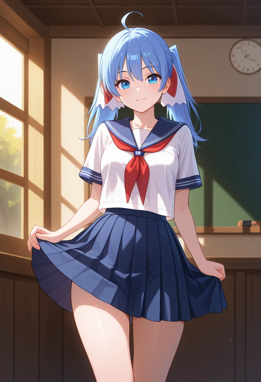 masterpiece, best quality, amazing quality, 1girl, solo, cowboy shot, yuukoww, blue eyes, blue hair, long hair, twintails, multicolored hair ribbon, ahoge, serafuku, pleated skirt, looking at viewer, smile, indoors, day, skindentation, detailed clothing folds, depth of field, sharp, high contrast, dynamic light <lora:Hattori_Yuuko_Ichiban_Ushiro_no_Daimaou_ill_v11:0.9>