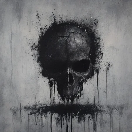 novuschroma64 style, one half of a human skull which has been fractured and detoriated after many long years