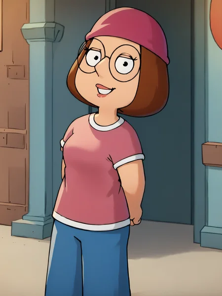<lora:Meg_Griffin:1.0>meg, brown hair, 1girl, glasses, solo, short hair, flat color, hat, blue pants, pants, beanie, pink shirt,standing, arms behind back, looking at viewer, smile, score_9, score_8_up, score_7_up, score_6_up, score_5_up, score_4_up