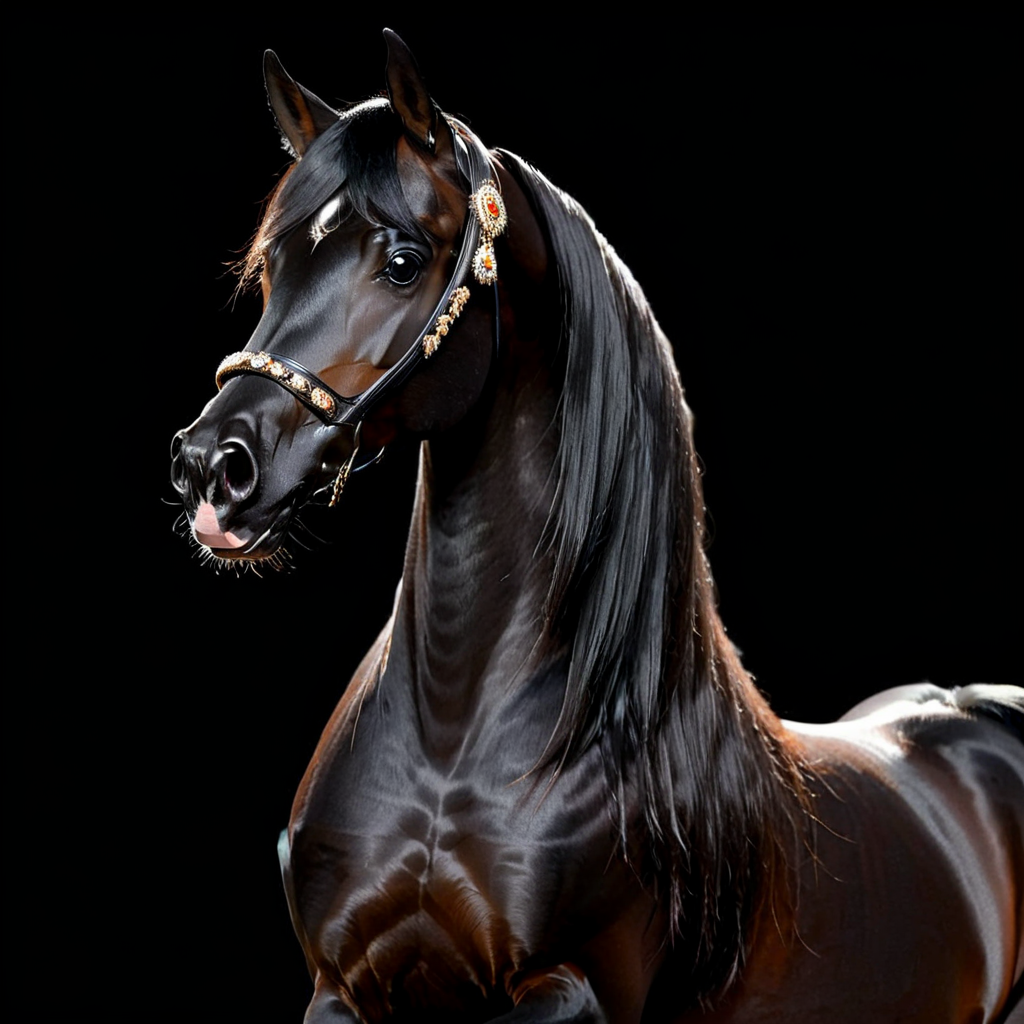 arabian horse, black, black mane and tail, standing, posing, portrait, halter, black background <lora:Horse_Breeds-000012:1>