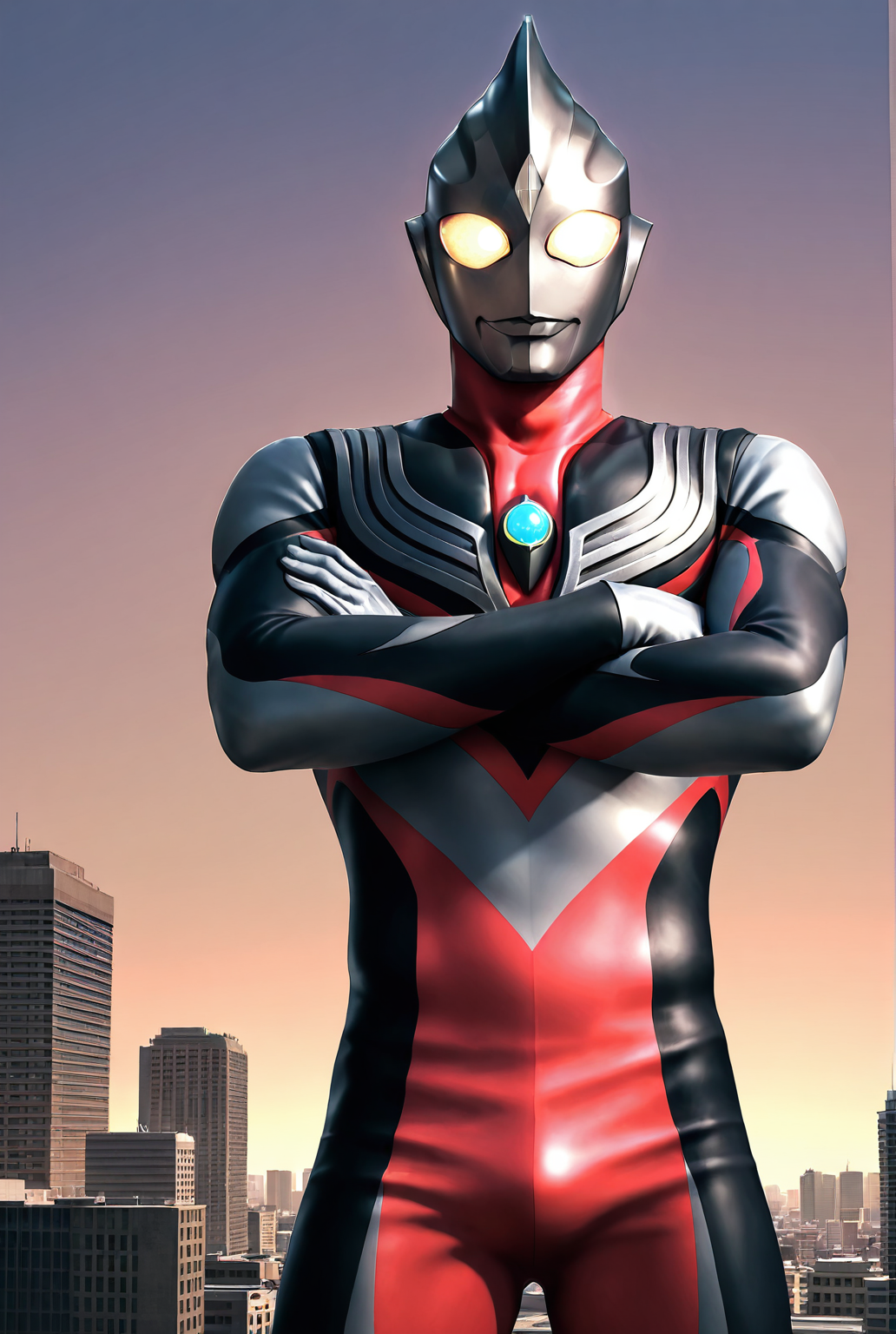 very awe,aesthetically pleasing,masterpiece,best quality,amazing quality,very aesthetic,ultra-detailed,high resolution,8k,1boy,solo,cowboy shot,male focus,detailed face,bodysuit,tokusatsu,alien,glowing eyes,yellow eyes,standing,crossed arms,cityscape,giant,sky,looking at viewer,<lora:tiga tornado:0.7>,tiga tornad0,