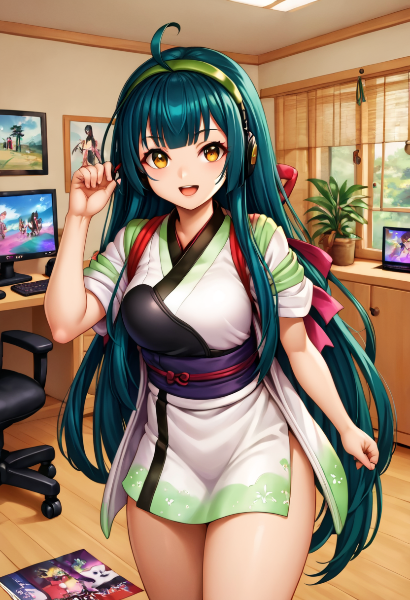 score_9, score_8_up, score_7_up, source_anime, BREAK
1girl,  solo,
 <lora:TohokuZunko_MMD_V1:1>Tohoku_Zunko, yellow eyes, brown eyes, large brests, Thick thighs,
blunt bangs,  green hair, very long ahoge ,  very long hair,   low-tied long hair, green hairband, 
muneate ,armor, white kimono, short kimono, short sleeves, bow, red tasuki,  red ribbon, purple obi, 
sandals,  geta,zouri, tabi, socks,white socks,
(cowboy shot:1.3),(sitting on a chair), 
from front, looking up,, Portrait,,
looking at viewer,  light smile,, open mouth,
Streamer room, gaming chair, gaming PC, game equipment, controller, TV monitor, PC monitor, headphones, headset, anime poster, game poster,