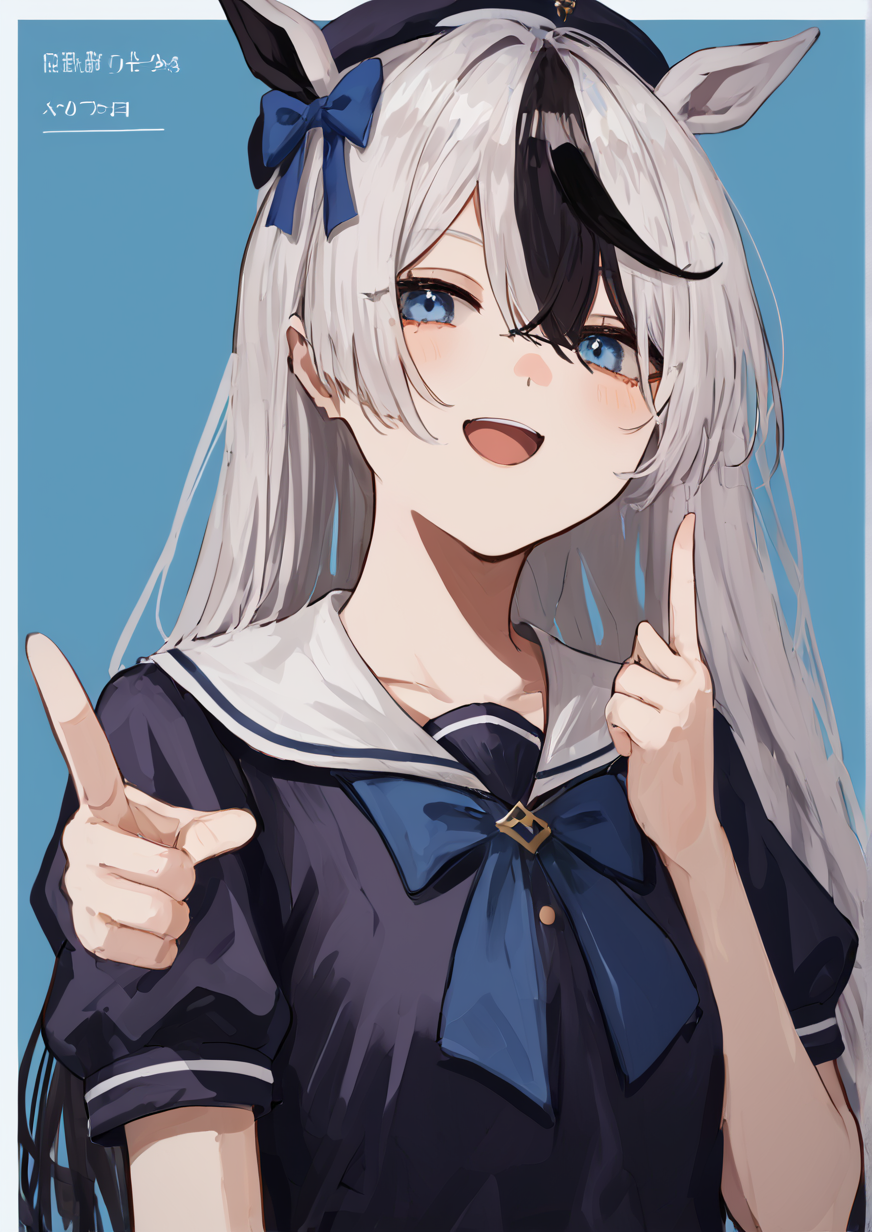 1girl, vivlos (umamusume), huge breast, animal ears, beret, black hair, blue eyes, blue ribbon, border, bow, breasts, collarbone, ear covers, hair between eyes, hair ornament, hair ribbon, hat, horse ears, horse girl, index finger raised, jewelry, light blue background, long hair, looking at viewer, mole, mole under eye, multicolored hair, open mouth, pointing, pointing at self, pointing at viewer, puffy short sleeves, puffy sleeves, purple bow, purple shirt, ribbon, school uniform, shirt, short sleeves, single ear cover, smile, solo, streaked hair, summer uniform, tracen school uniform, twintails, upper body, very long hair, white border, white hair, white hat, zPDXL3,  handfixer <lora:HandFixer_pdxl_Incrs_v1:1> <lora:pikuson:0.8>
