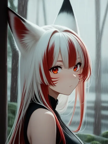 <lora:noobai_ep11_stabilizer_v0.198_fp16:1>1girl,fox ears,red eyes,white hair,red hair,closed mouth,multicolored hair,red whisker markings,upper body,looking at viewer,from side,rain,dark,night,outdoors,tree,blurry background,masterpiece,