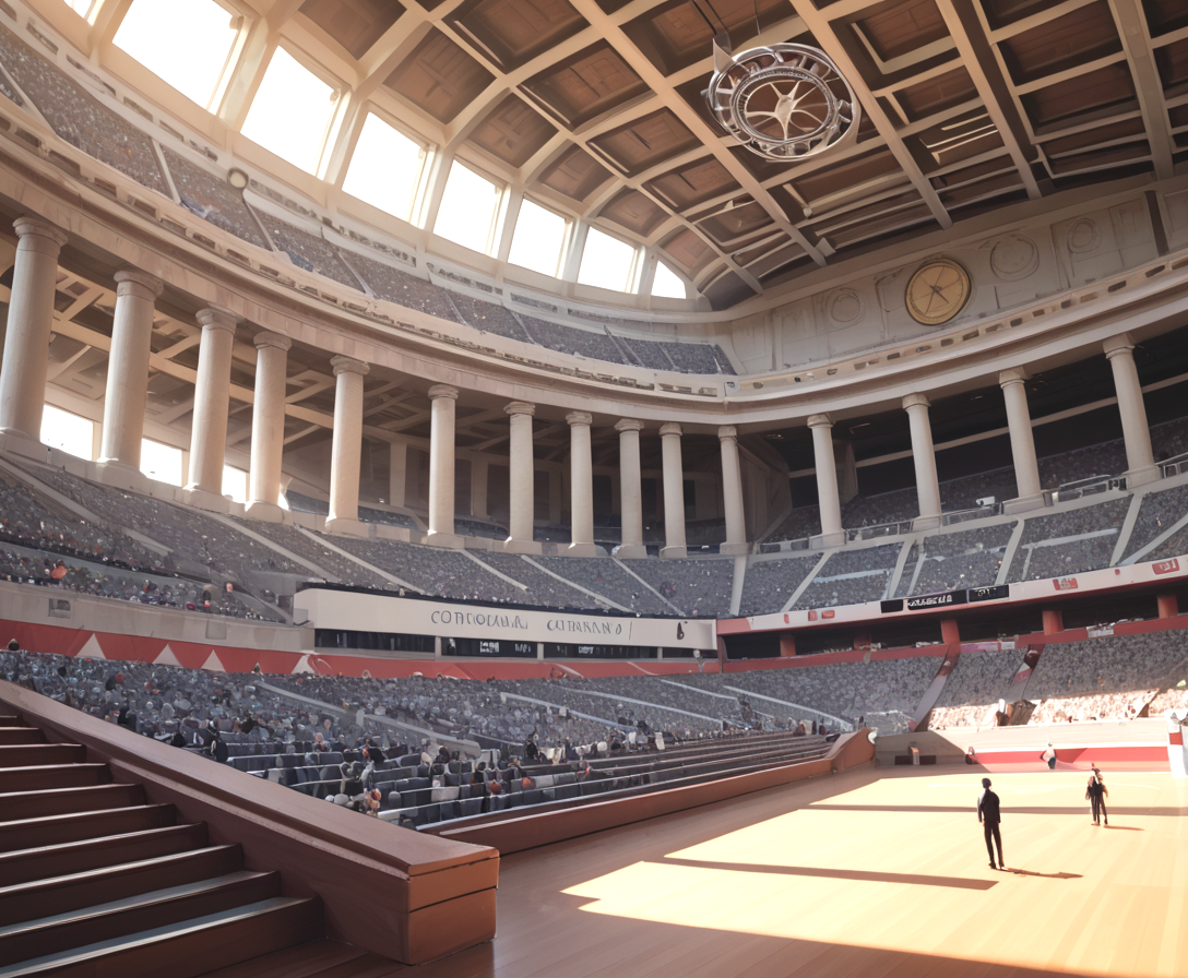score_9, score_8_up, score_7_up, 
<lora:Authoritarian_Interior_(Architecture)_(Pony)_(AD):0.8> Authoritarian Interior, interior design, architecture, limestone, marble, wood, plaster, coffered ceiling, 8K, In'ei, chiaroscuro, volumetric lighting, perfect depth of field shot, 8K CGI render, beautiful, subsurface scattering, photographic realism, asymmetric viewpoint, off center perspective, art by Thomas Kinkade, arena, public space, monumental architecture, BREAK zPDXL, <lora:wowifierXL:0.2> art by mooncryptowow <lora:sdxl_lightning_8step_lora:0.4> <lora:detailed_notrigger:0.5>