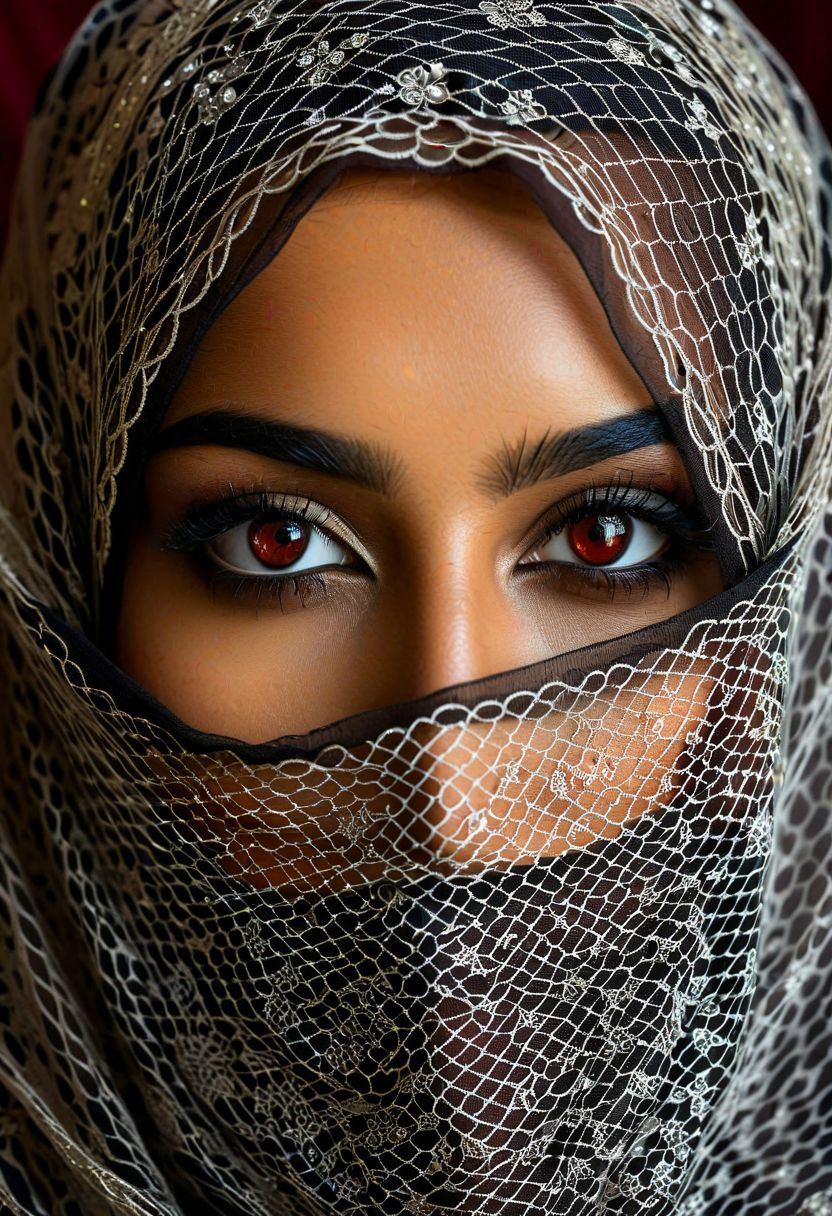 In my photography style, I'd capture the essence of mystique and allure in a close-up portrait of a woman adorned with a veil, her face partially obscured yet her seductive eyes piercing through the fabric. With a gaze that exudes both depth and charm, her eyes reflect the enigmatic beauty of traditional Arabian and Indian aesthetics. Against the backdrop of her brown skin, her deep red eyes stand out, adding to the mystery that surrounds her persona. Each detail of her face, from the intricate patterns on the veil to the alluring features beneath, is captured with precision, preserving the richness of her cultural heritage while evoking a sense of timeless fascination.