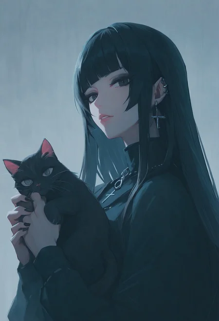 score_9 score_8_up score_7_up, n0n4m3_2tyl3_1, Goth girl, goth girl 1girl, 1girl,solo,long hair,looking at viewer,bangs,black hair,holding,jewelry,upper body,earrings,parted lips,blunt bangs,nail polish,black eyes,animal,cat,cross,portrait,black nails,dark,black cat,holding animal,cross earrings,black theme,