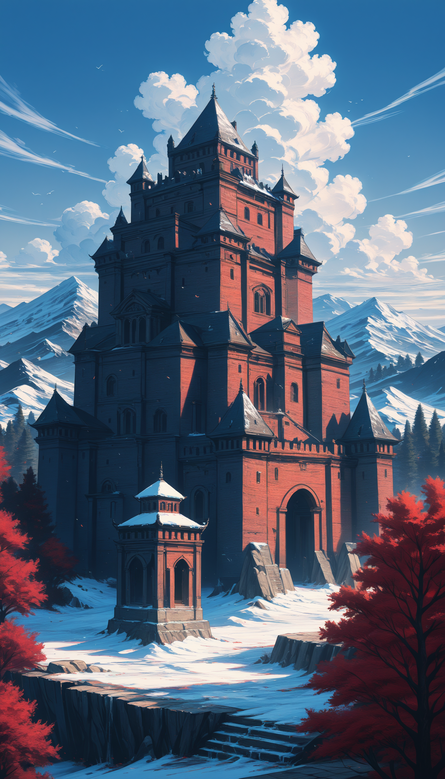 retro anime, scanlines, 1990 masterpiece, best quality, good quality, very aesthetic, absurdres, newest, 8K, depth of field, focused subject,  Create a vivid illustration of a whimsical, fantasy-inspired castle perched atop a jagged cliff. The castle has red roofs and wooden balconies, surrounded by a blanket of snow. The backdrop features a serene body of water reflecting the sky, which is painted in soft pastel shades of blue and white with fluffy clouds scattered throughout. Birds are flying around the castle, adding to the dreamlike atmosphere. The color palette is dominated by whites, blues, and earthy browns, with the red roofs of the castle providing a striking contrast. The style of the image leans towards a blend of realism and fantasy, creating a sense of wonder and enchantment. The image is a full-body shot, capturing the entire castle and its surroundings. The camera angle is a frontview, showing the subject from the front. outdoors, sky, day, cloud, tree, no_humans, bird, building, scenery, snow, stairs, mountain, architecture, winter, bridge, retro anime, scanlines, 1990