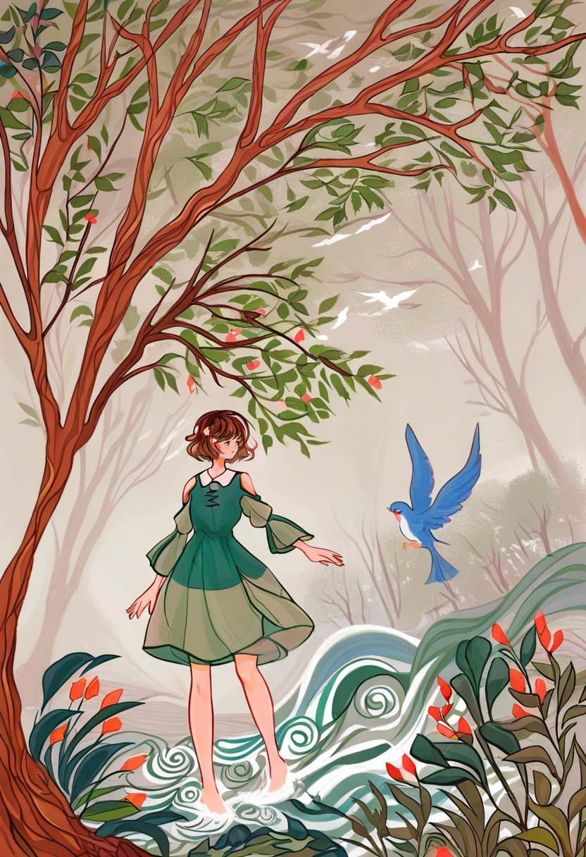 1girl, bird, dress, flower, tree, short hair, waves, water, solo, brown hair, long sleeves, leaf, shoulder cutout, barefoot, plant <lora:cqtlatteXL_NBVP1_lokr_V6311P:0.95>
