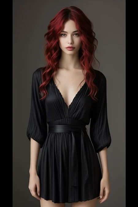 bellissima, laperla style, realistic, 1girl, solo, red hair, smile, 
BREAK
 a woman wearing a striped dress with a belt sexy pose standing in a luxurious hotel room