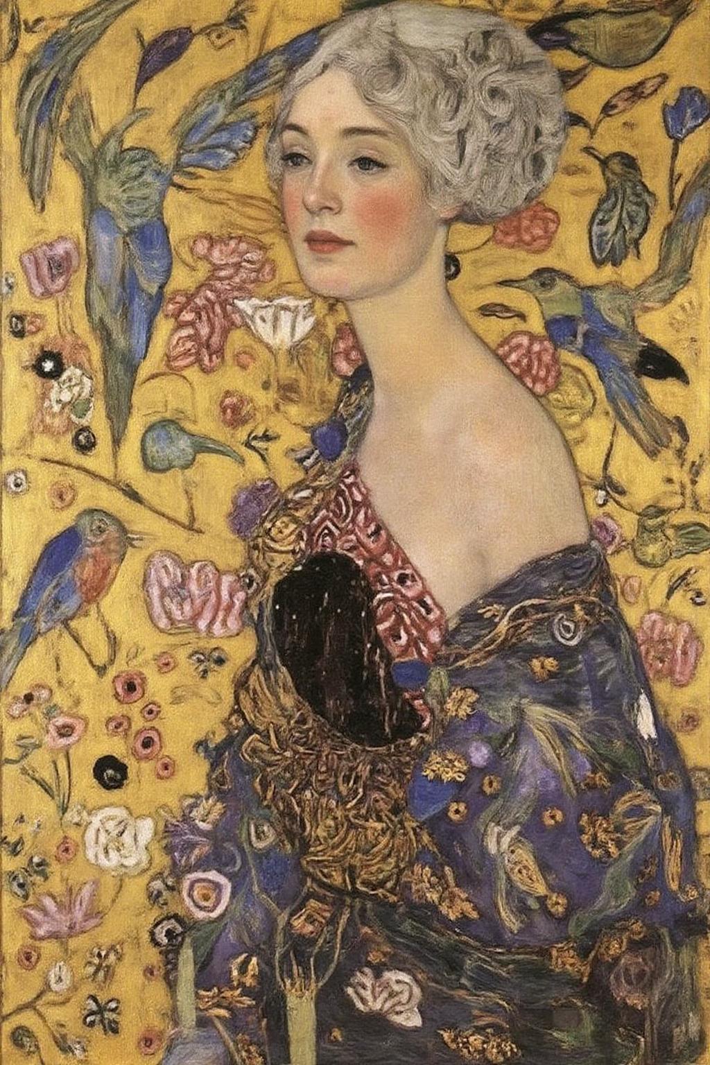 kl1mt painting.
A woman with a serene, contemplative expression. There are intricate drawings of bird and flowers in the background. <lora:kl1mt_cap_d6a3e12:1.0><lora:823302002080713021:0>