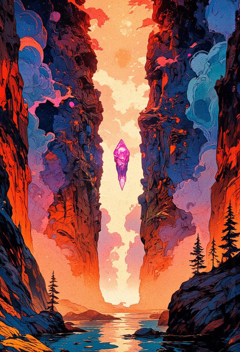 A mystical landscape with a surreal atmosphere, featuring an enormous rock formation at the center, carved into an archway with a glowing, pulsating crystal suspended within. The crystal emits radiant magenta and violet energy, illuminating the surrounding mist and casting ethereal light reflections onto the lake below. The sky is a cosmic dreamscape, filled with swirling clouds, a distant glowing sun, and celestial bodies floating in the upper atmosphere.
The environment is rich in vibrant hues, with a dramatic color gradient transitioning from fiery oranges and deep reds in the foreground to cool blues and purples in the background. Towering cliffs rise on either side, their surfaces covered with glowing flora and delicate, wispy fog that swirls gently around the peaks.
The lower landscape is filled with dark, sharp pine trees, silhouetted against the radiant colors, adding an ominous yet magical contrast. Embers and tiny glowing particles float through the air, giving the scene a sense of living energy. The painting exhibits a dreamlike quality, blending elements of fantasy and surrealism with an abstract, painterly effect.
The composition evokes an ancient, otherworldly sanctuary, as if this is a sacred place of power where cosmic energies converge. Inspired by *Moebius*, *James Gurney’s Dinotopia*, and the visual storytelling of *Love, Death & Robots*.
,  anime, cyberpunk