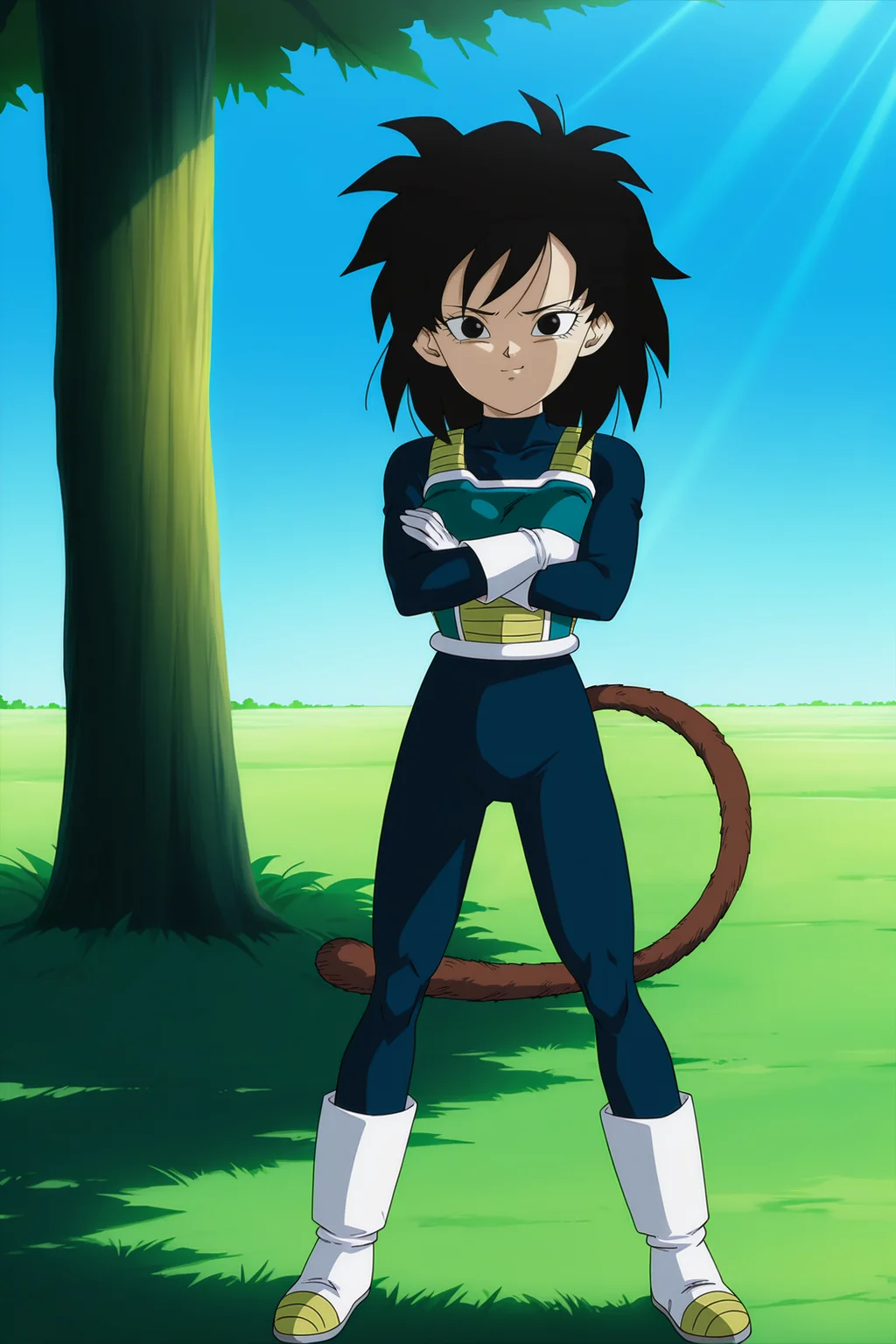 anime screencap, absurdres, high quality, official style,
gine, official style, vegeta outfit, 1girl, solo, looking at viewer, grass, field, closed mouth, standing, long sleeves, full body, black hair, spiked hair, black eyes, monkey tail, blue bodysuit, saiyan armor, white saiyan armor, cowboy shot, dappled sunlight, smirk, legs apart, crossed arms, serious, frown, shadow, eyelashes, white trim, tree, white gloves, light rays, blue sky,
<lora:Gine_IL:0.8>