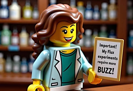 A figurine standing behind a apothecary counter. The figurine is a slightly deranged female scientist holding a poster in the right hand. Text on poster: "Important! My Flux experiments require more BUZZ!."
Background clean and image crisp and shiny
