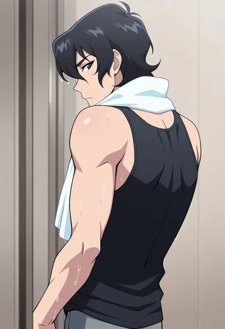 masterpiece,best quality,amazing quality, source_anime,
keithvld, 1boy, male focus, solo, black eyes, black hair, black tank top, towel around neck, from behind, looking back wet hair,