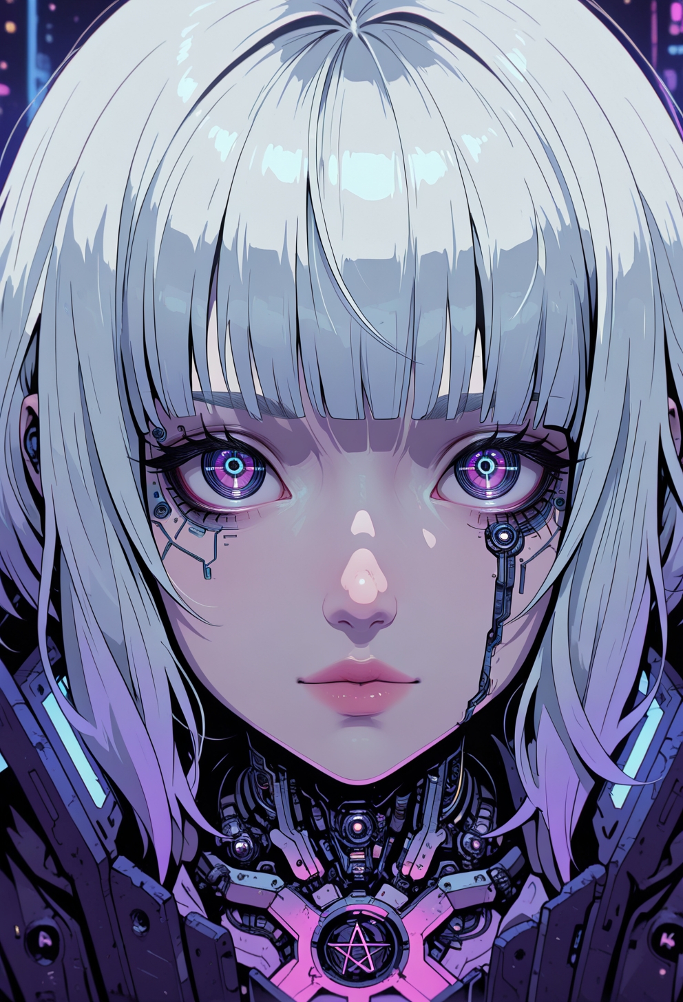<lora:ck-nc-cyberpunk-IL-000011:0.6>,  masterpiece, best quality, good quality, very aesthetic, absurdres, newest, 8K, depth of field, focused subject, close up face shot of a white pale ceramic wabi-sabi cyberpunk (woman:0.6) looking mysteriously at the viewer, direct eye contact. holographic reflections of a (pentagram) in their eyes.
in the style of cknc,
<lora:MoriiMee_Gothic_Niji_Style_Illustrious_r1:0.4>
<lora:ck-neon-retrowave-IL:0.55>
<lora:ck-shadow-circuit-IL:0.85>