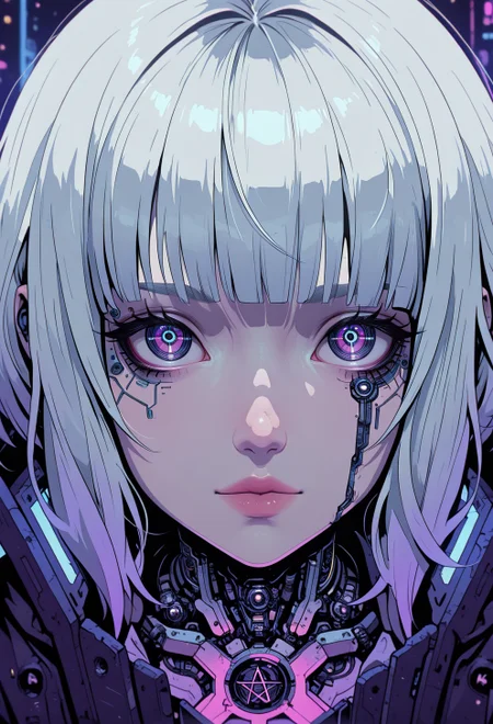 <lora:ck-nc-cyberpunk-IL-000011:0.6>,  masterpiece, best quality, good quality, very aesthetic, absurdres, newest, 8K, depth of field, focused subject, close up face shot of a white pale ceramic wabi-sabi cyberpunk (woman:0.6) looking mysteriously at the viewer, direct eye contact. holographic reflections of a (pentagram) in their eyes.
in the style of cknc,
<lora:MoriiMee_Gothic_Niji_Style_Illustrious_r1:0.4>
<lora:ck-neon-retrowave-IL:0.55>
<lora:ck-shadow-circuit-IL:0.85>