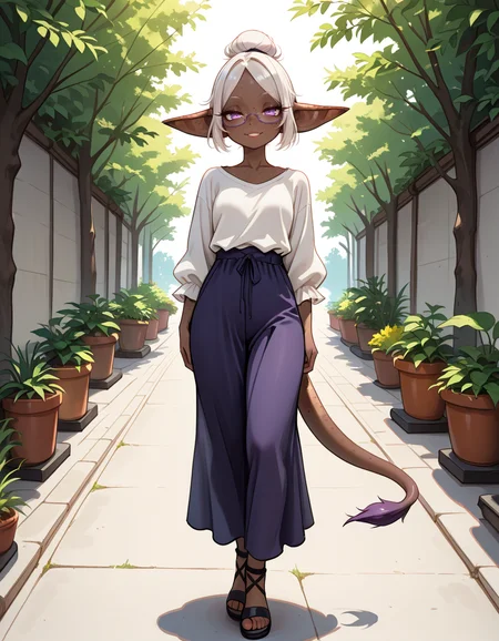 masterpiece, best quality, very aesthetic, absurdres,
outdoors, casual,
full body, standing, posing,
seductive smile, parted lips, long eyelashes,
<lora:Gobi_v01_NAIXL:1>
G0b1,1girl,solo,goblin girl,dark-skinned female,pointy ears,short hair,white hair,single hair bun,ponytail,purple eyes,semi-rimless eyewear,freckles,colored skin,tail,