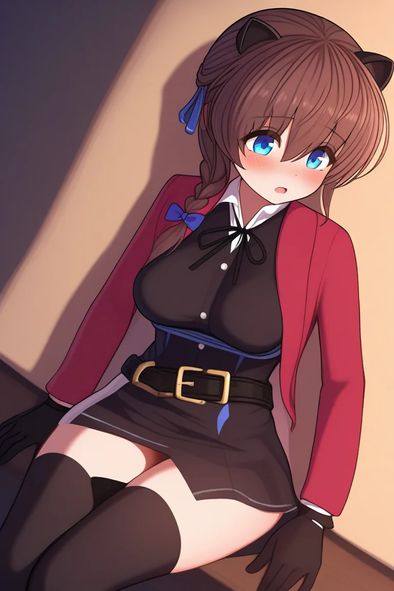 <lora:HolyKnight_Ricca_Illustrious:1.0>,holy_ricca,braid,twin braid,long hair,breasts,blue eyes, brown hair,, masterpiece, best quality, amazing quality, newest, <lora:Vivi uniform-Illus:1.4>,Vivi uniform,choker,red coat,black dress,shirt under dress,collared shirt,white shirt,neck ribbon,white button,long sleeves,black gloves,breasts,black belt,black thighhighs,zettai ryouiki,boots,black footwear,