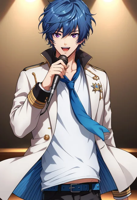 score_9, score_8_up, score_7_up, source_anime, highly detailed,
nanahoshi, 1boy, male focus, microphone, blue hair, purple eyes, solo, necktie, blue necktie, open mouth, jacket,
white jacket, high collar, smile, belt, looking at viewer, holding microphone, idol, upper body,
indoor, stage,