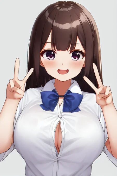 bangs, by kaisen chuui, 1girl, solo, white collared shirt, smile, simple background, anatomy, upper body, looking at viewer, smug, fang, (double peace sign:1.1), blue bow, large breasts, masterpiece, w, painterly <lora:kaisenchuui-v1-8k-lora:1.5>