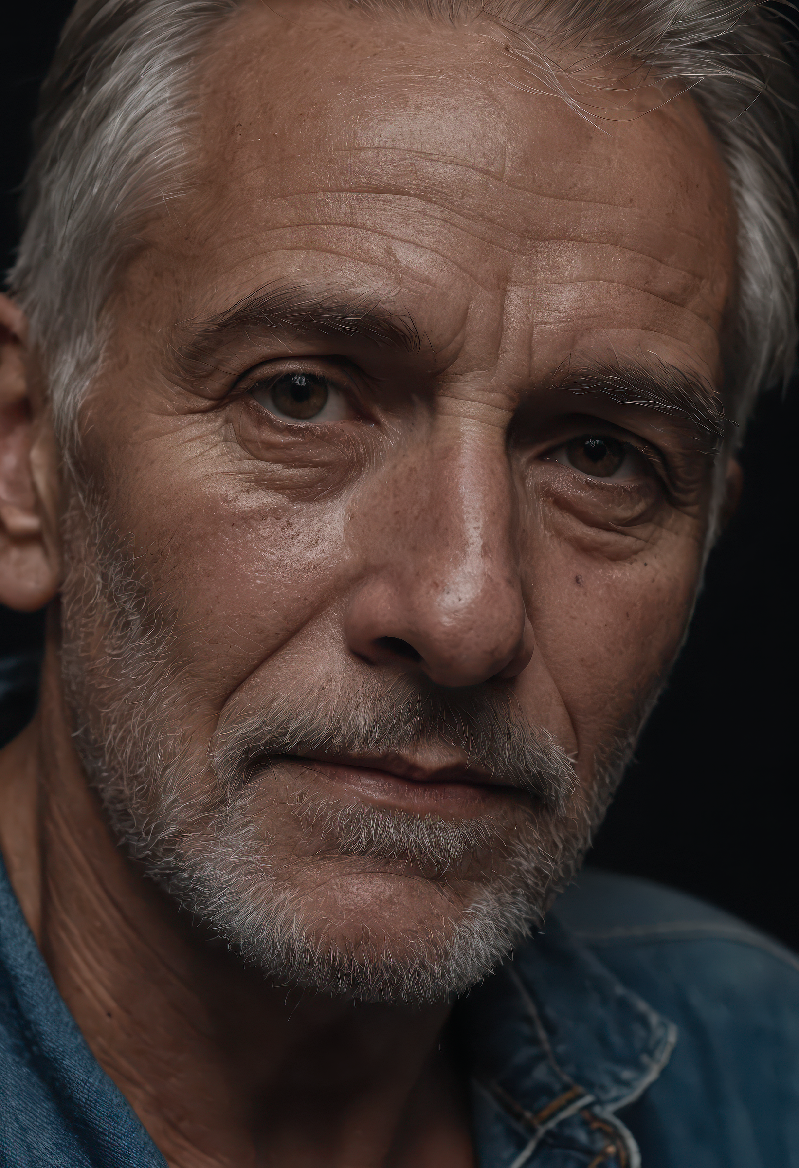 close-up emotional portrait of an old man wearing rugged bluesman clothing, staring directly at the viewer, soulful and reflective expression, aged face with deep wrinkles, fine lines, and facial character, (detailed skin pores:1.2), (imperfect skin texture:1.1), subtle moles and blemishes adding realism, ultra sharp focus, 8k ultra high definition, soft cinematic lighting with gentle highlights, natural warm tones, controlled film grain texture, hyperrealistic rendering, raw realism, lifelike facial details, high-quality cinematic photograph, photorealistic masterpiece, finely rendered textures, professional studio portrait lighting