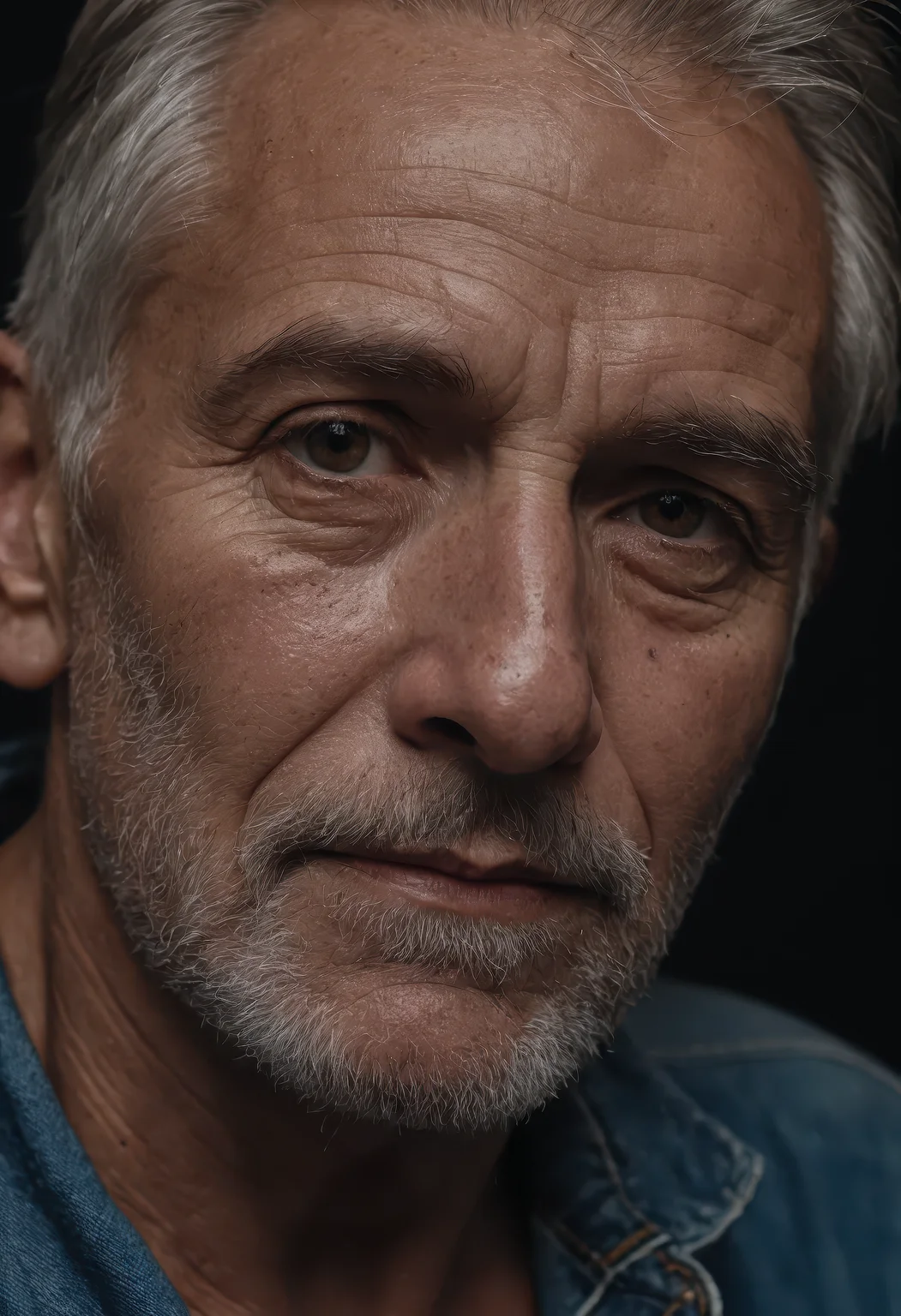 close-up emotional portrait of an old man wearing rugged bluesman clothing, staring directly at the viewer, soulful and reflective expression, aged face with deep wrinkles, fine lines, and facial character, (detailed skin pores:1.2), (imperfect skin texture:1.1), subtle moles and blemishes adding realism, ultra sharp focus, 8k ultra high definition, soft cinematic lighting with gentle highlights, natural warm tones, controlled film grain texture, hyperrealistic rendering, raw realism, lifelike facial details, high-quality cinematic photograph, photorealistic masterpiece, finely rendered textures, professional studio portrait lighting