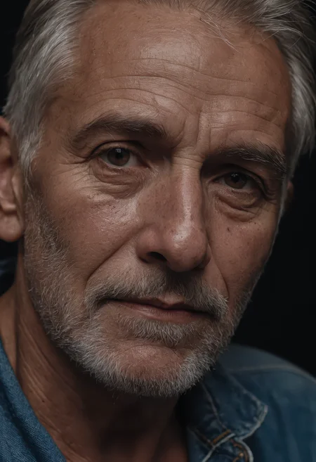 close-up emotional portrait of an old man wearing rugged bluesman clothing, staring directly at the viewer, soulful and reflective expression, aged face with deep wrinkles, fine lines, and facial character, (detailed skin pores:1.2), (imperfect skin texture:1.1), subtle moles and blemishes adding realism, ultra sharp focus, 8k ultra high definition, soft cinematic lighting with gentle highlights, natural warm tones, controlled film grain texture, hyperrealistic rendering, raw realism, lifelike facial details, high-quality cinematic photograph, photorealistic masterpiece, finely rendered textures, professional studio portrait lighting