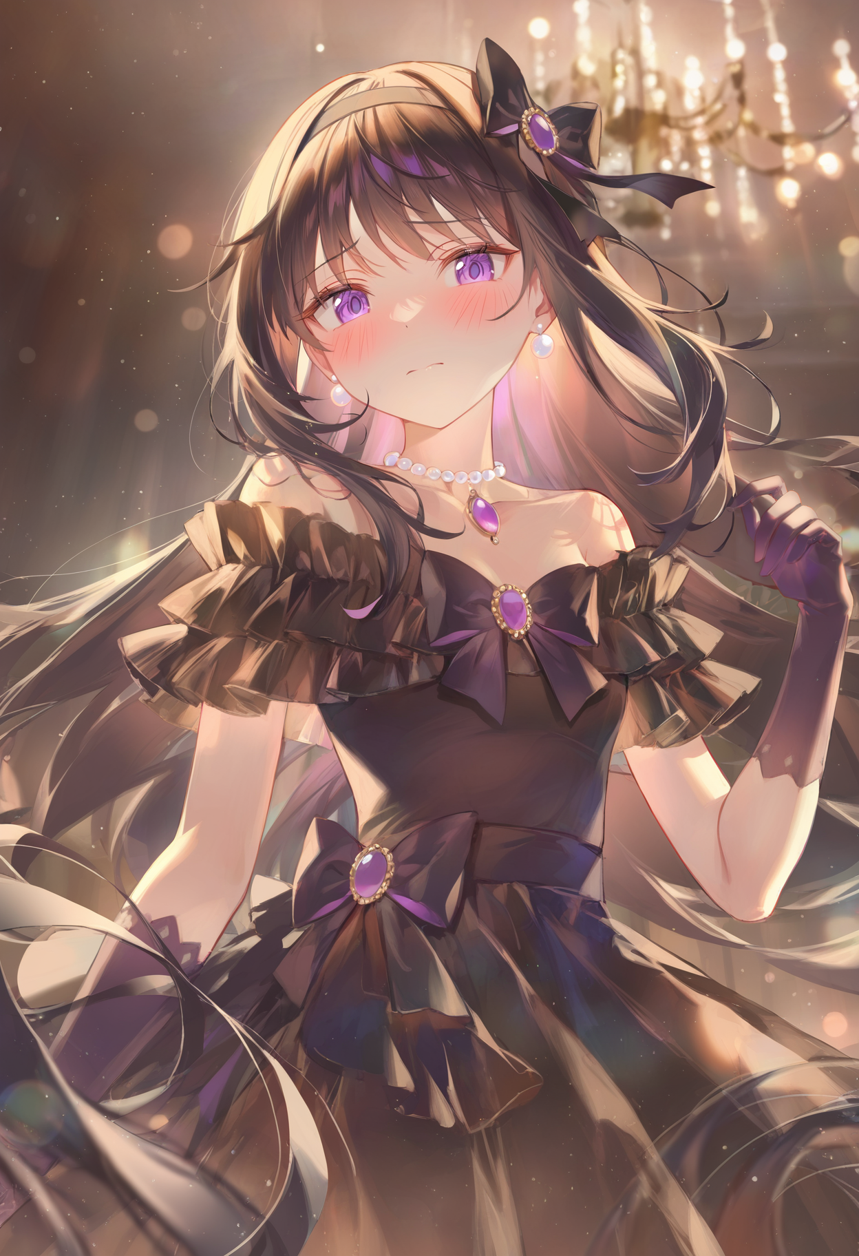 m1j1sty111, masterpiece, best quality, newest, absurdres, highres, akemi homura, solo, ballroom, chandelier, black dress, gloves, frills, gold theme, purple eyes, pov, bloom, light rays, sparkles, embarrassed, light frown, victorian, (close-up:1.4), bokeh, blurry, soft lighting, short sleeves, puffy sleeves, off shoulder, collarbone, bare shoulders, pearl earrings, pearl necklace, black bow, hair bow, blush, small breasts, elbow gloves, raised eyebrows, hand up, purple gem, 
<lora:artist_blackmeow_mijiblack_vpred:1>