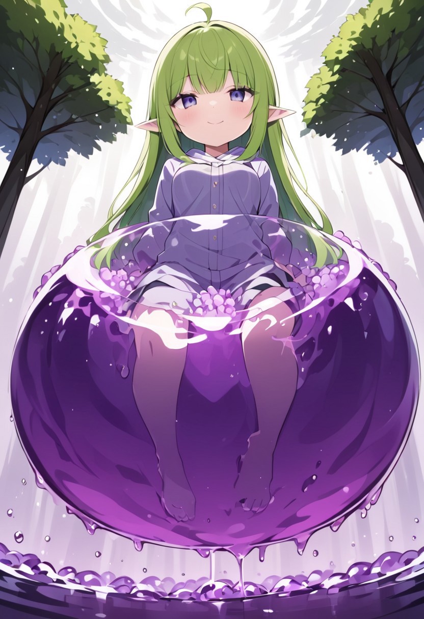 (masterpiece), (score_9, score_8_up, score_7_up,source_anime), 4K8K, best quality, high res image, illustration, Uncorrected, CG, 
(girl view from below. look-up angle:1.3), from front, 
1 elf woman sitting on a giant white grape slime, pretty white slime, (lot of white grape cubes around woman), (hair over breasts, long hair, hair censor:1.4), twinkle grape cube, 
slime, slime like a  grape, grape slime, see-through violet slime, 
BREAK
small breasts, elf ears, 
(gradient hair, green hair, very long hair, Bangs covered eyes, ahoge, hair over breasts, hair censor), 
(hair blind eyes, half opened eyes, jitome, smile), 
wearing hooded robe, linen dress, culottes, denim short culottes, 
in orchard, fruit orchard, fruits trees,