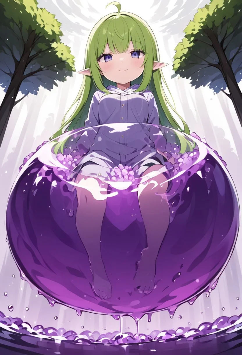 (masterpiece), (score_9, score_8_up, score_7_up,source_anime), 4K8K, best quality, high res image, illustration, Uncorrected, CG, 
(girl view from below. look-up angle:1.3), from front, 
1 elf woman sitting on a giant white grape slime, pretty white slime, (lot of white grape cubes around woman), (hair over breasts, long hair, hair censor:1.4), twinkle grape cube, 
slime, slime like a  grape, grape slime, see-through violet slime, 
BREAK
small breasts, elf ears, 
(gradient hair, green hair, very long hair, Bangs covered eyes, ahoge, hair over breasts, hair censor), 
(hair blind eyes, half opened eyes, jitome, smile), 
wearing hooded robe, linen dress, culottes, denim short culottes, 
in orchard, fruit orchard, fruits trees,