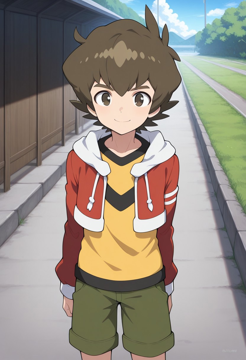 masterpiece,best quality,amazing quality, 
bayamano, 1boy, male focus, solo, brown eyes, brown hair, shirt, yellow shirt, jacket, red jacket, hood, cropped jacket, shorts, green shorts,smile, standing,
outdoor,