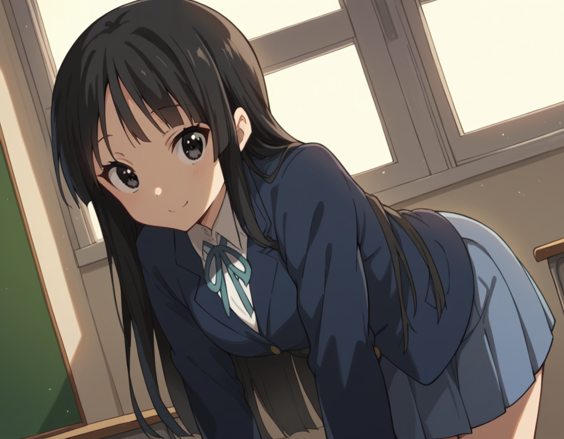 score_9, score_8_up, score_7_up, source_anime,
mioakiyama, <lora:mio-akiyama-s2-ponyxl-lora-nochekaiser:1>,
mio akiyama, long hair, bangs, black hair, black eyes, hime cut,
sakuragaoka high school uniform, school uniform, uniform, blazer, shirt, white shirt, collared shirt, skirt, pleated skirt,
indoors, classroom, bent over, smile,
looking at viewer, cowboy shot, dutch angle, solo,