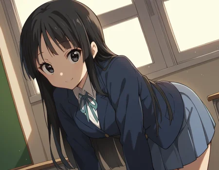 score_9, score_8_up, score_7_up, source_anime,
mioakiyama, <lora:mio-akiyama-s2-ponyxl-lora-nochekaiser:1>,
mio akiyama, long hair, bangs, black hair, black eyes, hime cut,
sakuragaoka high school uniform, school uniform, uniform, blazer, shirt, white shirt, collared shirt, skirt, pleated skirt,
indoors, classroom, bent over, smile,
looking at viewer, cowboy shot, dutch angle, solo,