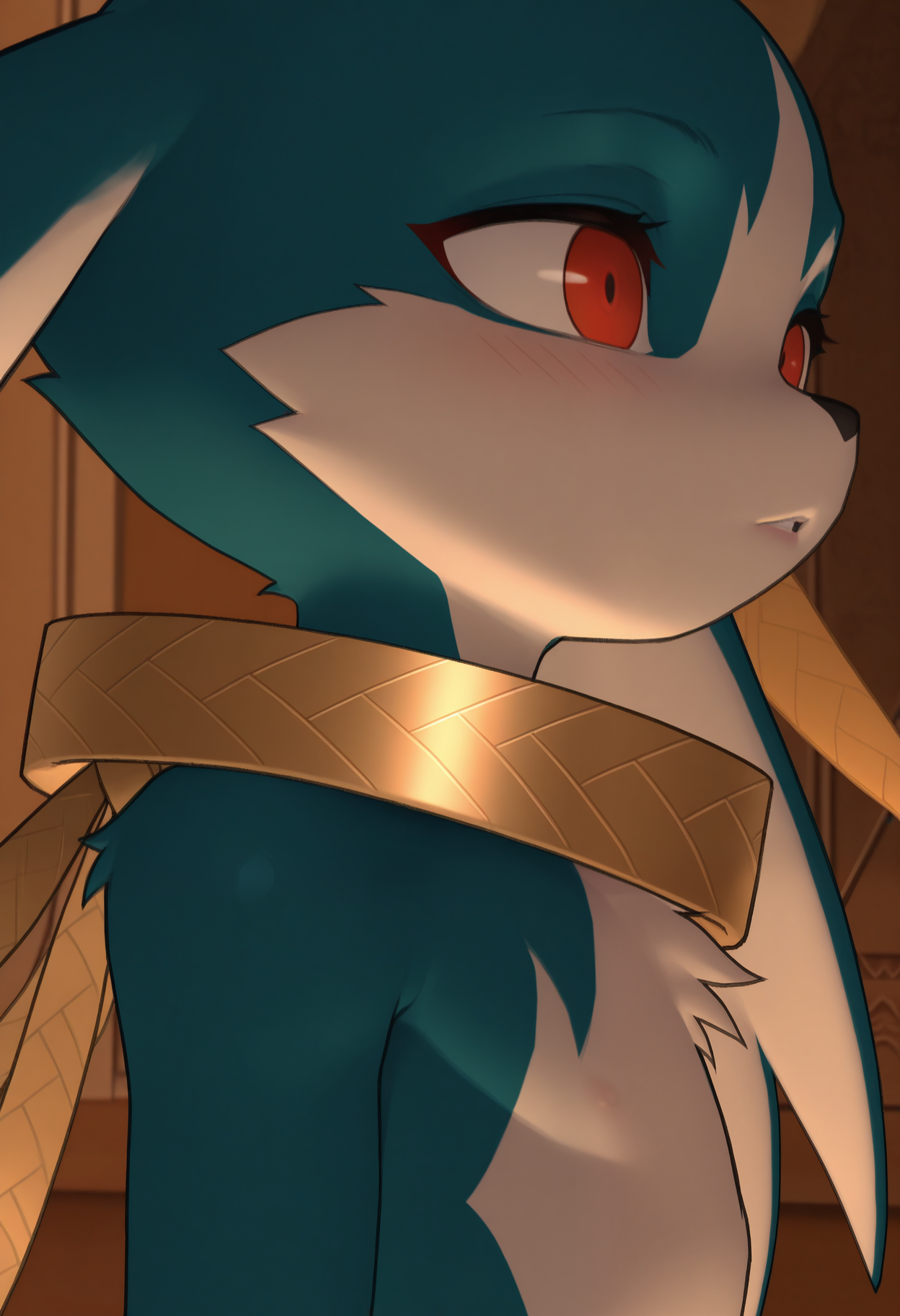 masterpiece,best quality,amazing quality, 1boy, solo, s0rr0w, furry, red eyes, neck ring, scarf, close up, side angle,