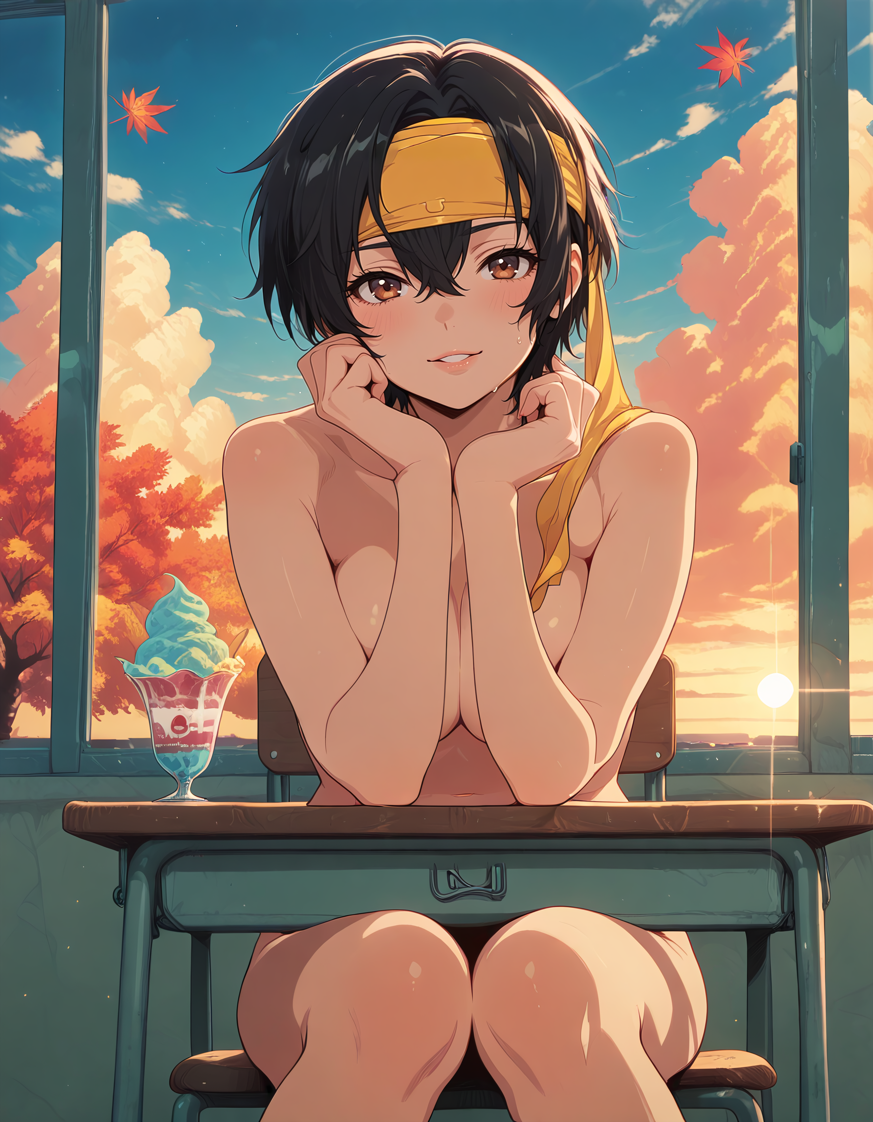 Smooth Quality <lora:bandana_IL:1> bandana, short hair, black hair, headband, hair between eyes, red eyes,  medium breasts, completeley nude, 1girl, autumn_leaves, blurry, classroom, cloud, cloudy_sky, depth_of_field, desk, indoors, knees_together_feet_apart, leaf, looking_at_viewer, maple_leaf, parted_lips, school_desk, sitting, sky, solo, twilight, wind, window, licking_ice_cream, beach_background, sun_flare, cheeky_pose, sand_particles, glossy_lighting, playful_aura, <lora:ck-shadow-circuit-IL:1> in the style of cksc, <lora:Crazy_Btch_-_Psychopath_expression:0.7> psych0path addmicrodetails <lora:AddMicroDetails_Illustrious:0.6>