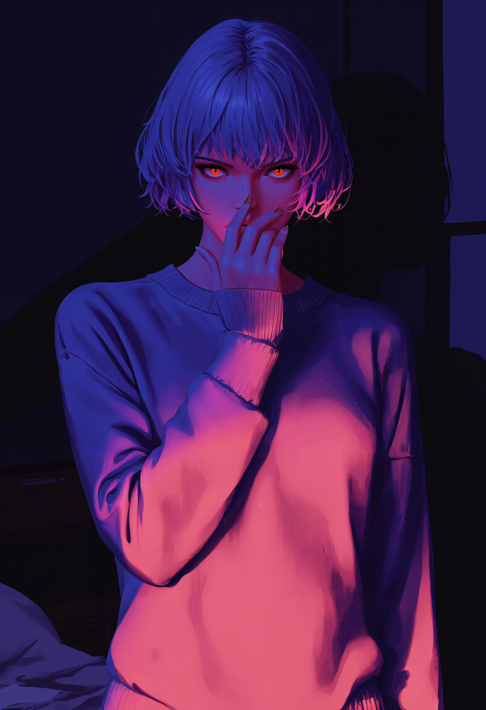 guweiz, 1girl, imposing mature slender female, solo, perfect anatomy, (perfect skin:1.1), (soft sunlight:1.1), soft shadows, slightly purple glow, dark warm blue and magenta color scheme, (vibrant colors:1.3), slightly glowing colors, vibrant neon highlights, radiant aura, dark, full body view, short wavy lavender hair, eyes wide, surprised expression, lips slightly parted, head turned to the side, hand raised to her mouth, (showing boob curves:1.2), wearing a casual outfit, (oversized sweater:1.1), one shoulder exposed, surprised look, intimate, standing indoors, dimly lit room, (a shaft of light:1.1) illuminating her face, dark background, (messy room:1.1), unexpected moment, reacting to something unseen, natural pose, (bed in the background:1.1), rumpled sheets, relaxed pose, casual pose, casual outfit, (detailed red eyes:1.3), thick edge, (anime colors:1.3), (anime screencap:1.1), (soft neon light glow:1.1), (bokeh effect:1.1), (film grain:1.1), highly detailed, high definition, 8k <lora:Hand v2:0.99> <lora:Guweiz_style:0.90> <lora:Dynamic_pose_fashion_ma4:0.66> <lora:xjie-retro-high-saturation-anime:0.40>