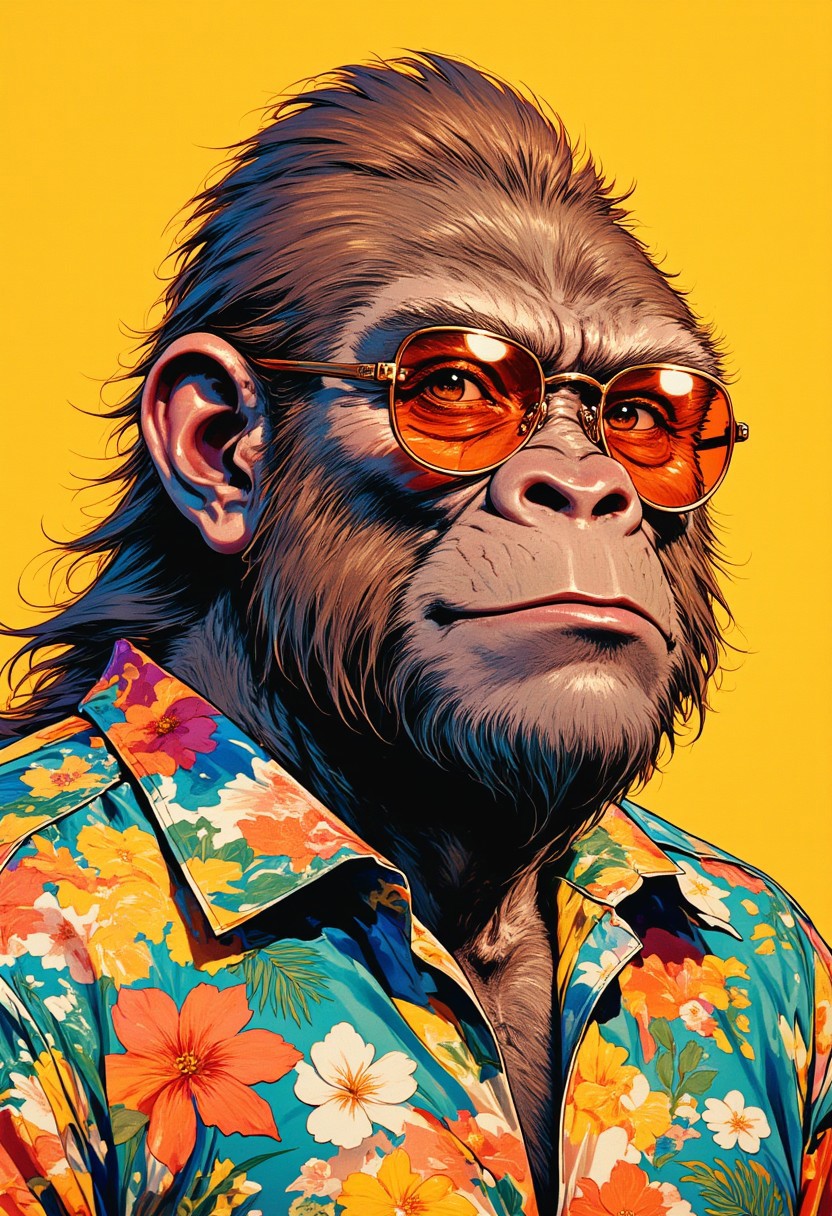 A bold and stylish humanoid gorilla with a confident expression, wearing a vibrant tropical-patterned shirt. The character's face is detailed, blending hyper-realistic features with a cartoonish exaggeration. The background is a flat, bright yellow for a strong pop-art effect. The gorilla wears retro-style orange-tinted sunglasses