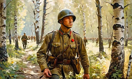 cinematic still (art by Pavel Nikonov, by Pavel Nikonov,:1.5) painting, WW2, soviet soldier walking in the birch forest, day time, summer time, summer morning atmosphere, face visible, cinematic composition . emotional, harmonious, vignette, 4k epic detailed, shot on kodak, 35mm photo, sharp focus, high budget, cinemascope, moody, epic, gorgeous, film grain, grainy, cinematic still (art by Pavel Nikonov, by Pavel Nikonov,:1.5) painting, WW2, soviet soldier walking in the birch forest, day time, summer time, summer morning atmosphere, face visible, cinematic composition . emotional, harmonious, vignette, highly detailed, high budget, bokeh, cinemascope, moody, epic, gorgeous, film grain, grainy, Watercolor style painting, (art by Pavel Nikonov, by Pavel Nikonov,:1.5) painting, WW2, soviet soldier walking in the birch forest, day time, summer time, summer morning atmosphere, face visible, cinematic composition, visible paper texture, colorwash, watercolor, (art by Pavel Nikonov, by Pavel Nikonov,:1.5) painting, WW2, soviet soldier walking in the birch forest, day time, summer time, summer morning atmosphere, face visible, cinematic composition, beautiful detailed, very inspirational, color rich deep colors, optimistic, glowing, pure, light, excellent moving, full intricate amazing dynamic