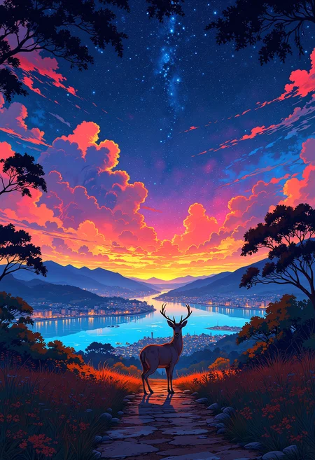 Side view, A deer standing on a country road, backlighting, looking at the city,, on the other side of the river is a large city in the background, starry night sky, colorful, vibrant glow