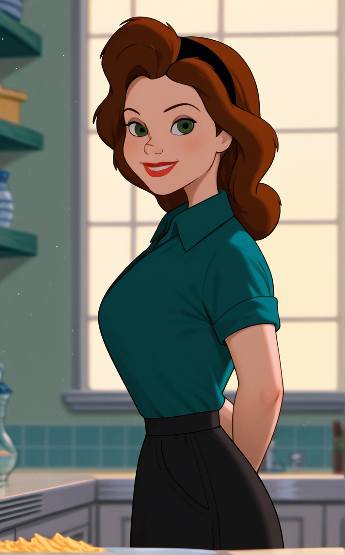 score_9, score_8_up, score_7_up, absurdres, contrapposto, arms behind back, cowboy shot, looking at viewer, backlighting, light smile, light particles, blurry background, depth of field, bloom, gradient background, yellow background, spotlight, <lora:PONYXL_IronGiant_AnnieHughes_ownwaifu:1>, BREAK GreenShirt_AnnieHughes_ownwaifu, 1girl, aqua shirt, black hairband, black skirt, blue shirt, breasts, brown hair, collared dress, collared shirt, eyeshadow, green eyes, green shirt, lipstick, long hair, long skirt, makeup, medium breasts, nose, polo shirt, red lips, short sleeves, sleeves rolled up, <lora:add-detail-xl:0.15>,